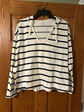 LOFT White and Navy Striped Hooded V-Neck Pullover
